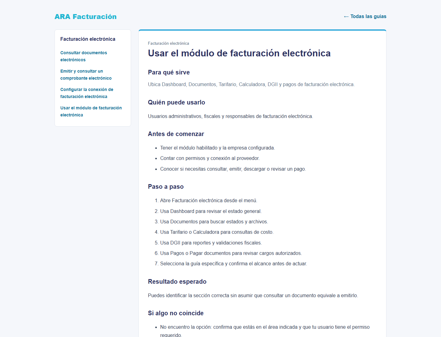 Guía pública de entrada al módulo de facturación electrónica